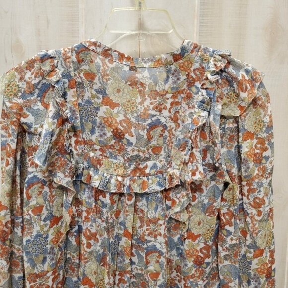 100% Silk Frye Ruffle Blouse Boho Peasant Balloon Sleeve - Picture 2 of 12